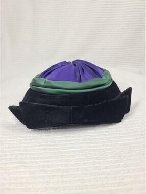 Vtg 1950s Pierrot Hat Womens Breton Cloche Cap Lenore Black Velvet Blue Satin